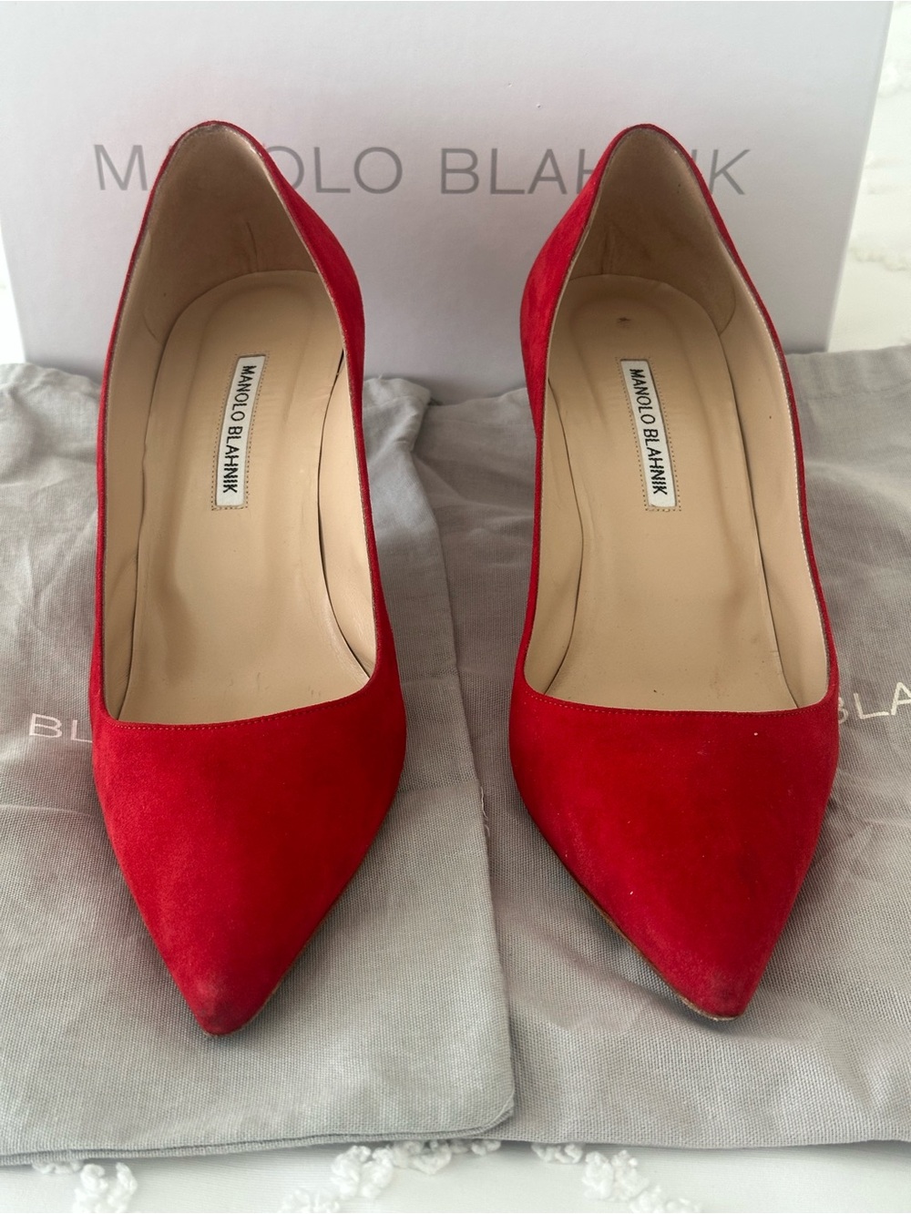 Manolo Blahnik Red Suede Pointed Pumps